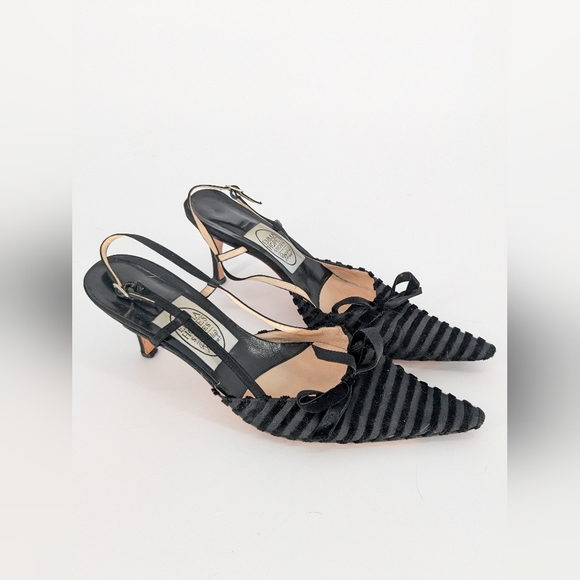 Emma Hope Womens Heels 39 Black Velvet Stripe Slingback Pointed Toe Bow Pumps - Picture 1 of 9